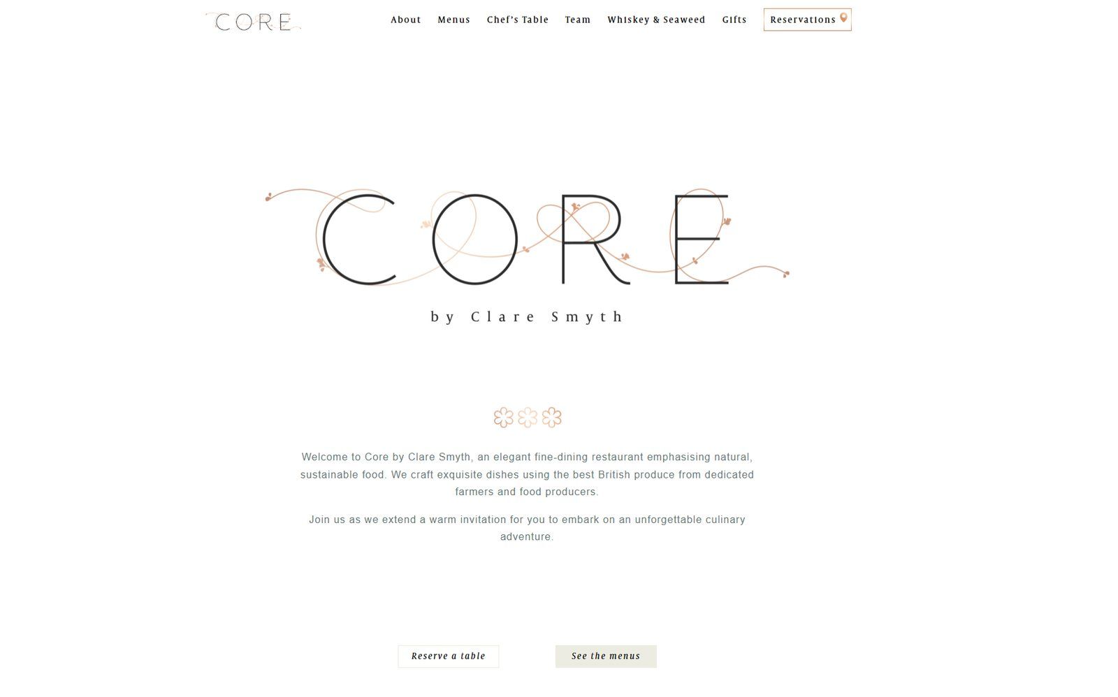 Page d'accueil du site de Core by Clare Smyth à Londres